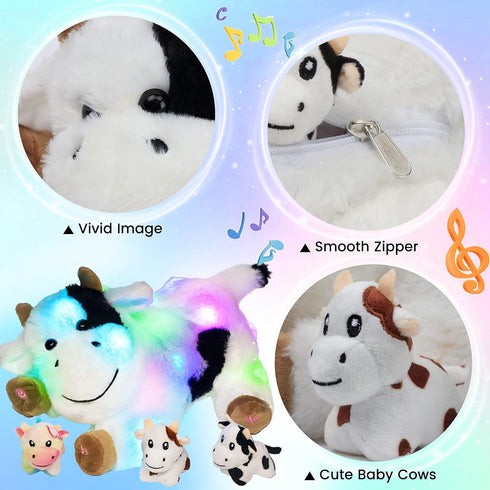 Hopearl LED Musical Stuffed Cow Playset, Singing Plush Toy with 3 Baby Cows, Adjustable Volume Lullaby.