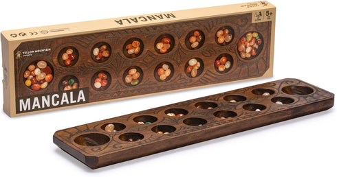 Set 17.3-Inch Yellow Mountain Imports Mancala with Solid Wood Board and Quartz Pebble Playing Pieces