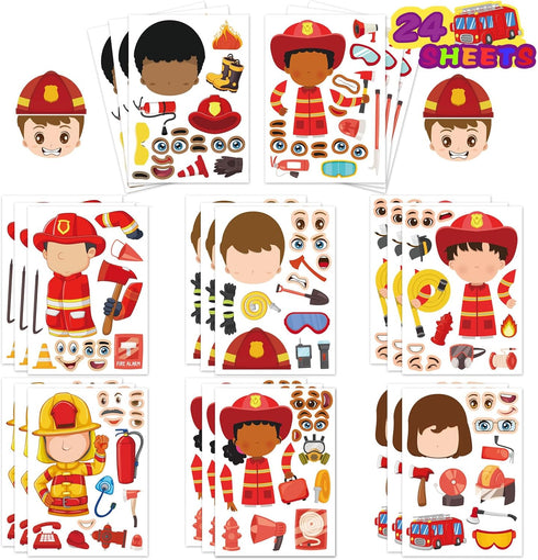 24 Sheets Firefighter Stickers for Kids, Make-a-face Fireman Themed Party Favor Craft Supplies