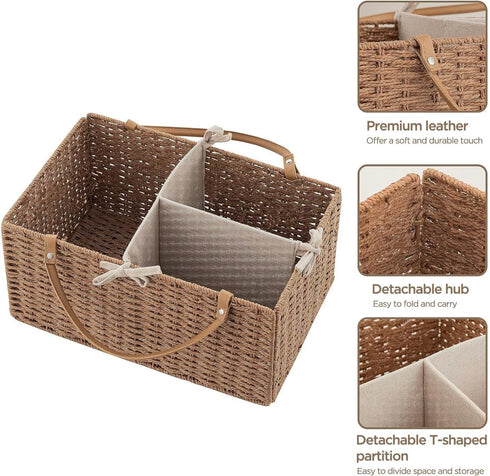HBlife Baby Diaper Caddy Organizer, Paper Rope Storage Baskets Nursery Bin with Removable Divider, Portable Car