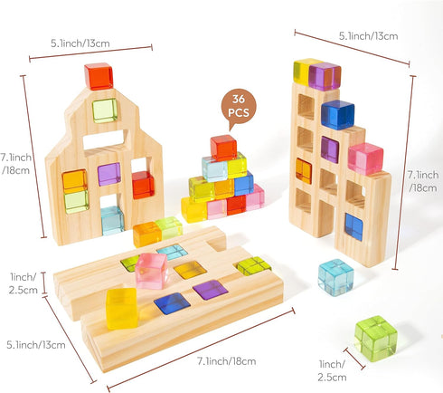 Wooden Building Blocks Set for Kids, 36 PCS Rainbow Acrylic Gem Cubes - Montessori Stacking Toy for Boys Girls 3-6