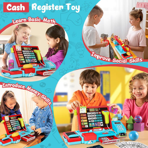 52PCS 3 4 5 6 maysida Toy Cash Register for Kids with Sound Music/Scanner/Microphone/Credit Card/Play Money, Pretend