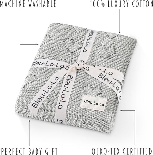 100% Heirloom Knit Heart Receiving Unisex Blanket for Boys and Girls - Luxury Cotton Baby Blanket - Soft Warm Swaddle