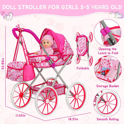Set 11'' 24 Playset 3-5 4-6 DRAMATION Unicorn Baby Doll Stroller with Baby Doll, Foldable Doll Stroller, Playpen