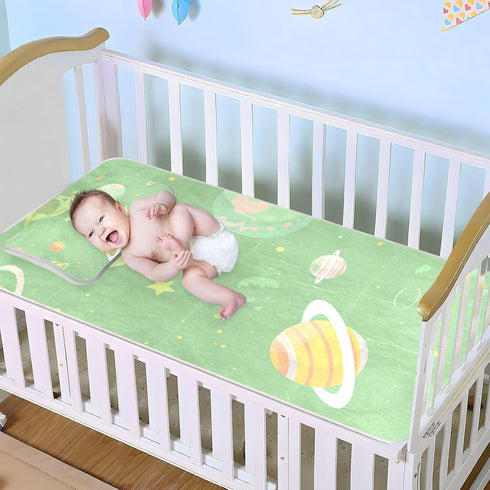 SyXIOP 28" 52" Cartoon Illustration Space Soft Green Cooling Baby Crib Mattress Protector x Washable Pads Washable