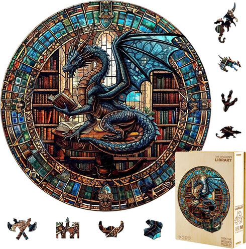 Dragon Library Puzzles Adults Gifts for Men Women Wooden 300 Pieces 13.4