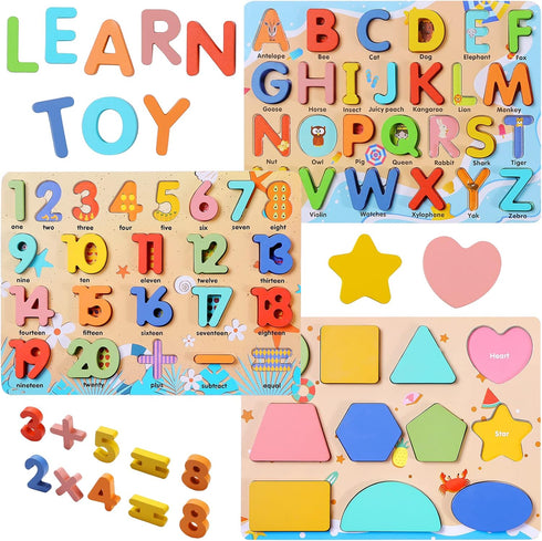 Wooden Puzzles for Toddlers - Voamuw Alphabet Number Shape Learning Education Toys for Kids Ages 3-6 (Set of 3)