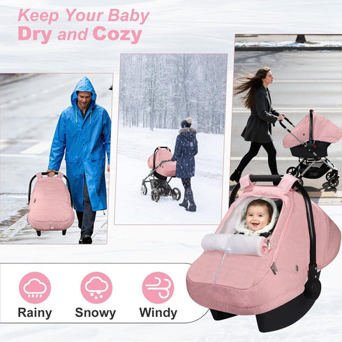 Winter Car Seat Cover for Baby Girl, Waterproof Infant Carseat Cover with Warm Plush Lining & Dual Zippers, Universal