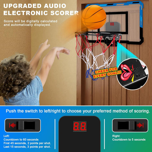 Basketball Hoop Indoor for Kids Adults, Scorer with 2 Scoring Methods, Mini Hoop with 3 Batteries and Balls