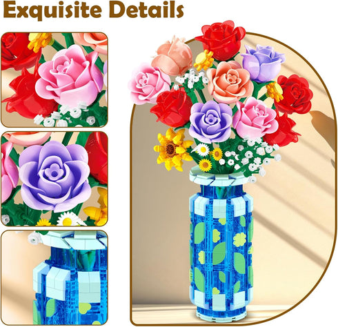 Set 16 CUBIMANA Roses Flowers Building with Vase & LED Light, for Her, Mini Flowers Bouquet Building Blocks Toy