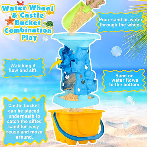 Oisacirg 3-10 Beach Toys for Kids Toddlers, Sand Castle Toys with Bucket, Water Wheel, Long Shovel, Dinosaur Travel