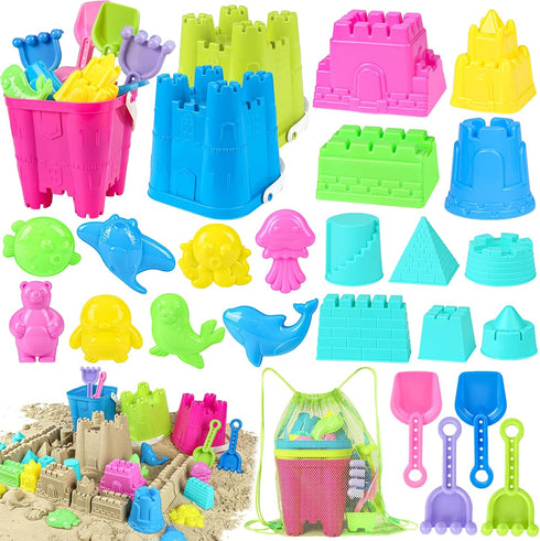 Beach Toys for Toddlers, Sand Castle Toys with 3 Buckets, 4 Shovels, Mesh Bag & Sand Molds for Kids Age 3-10