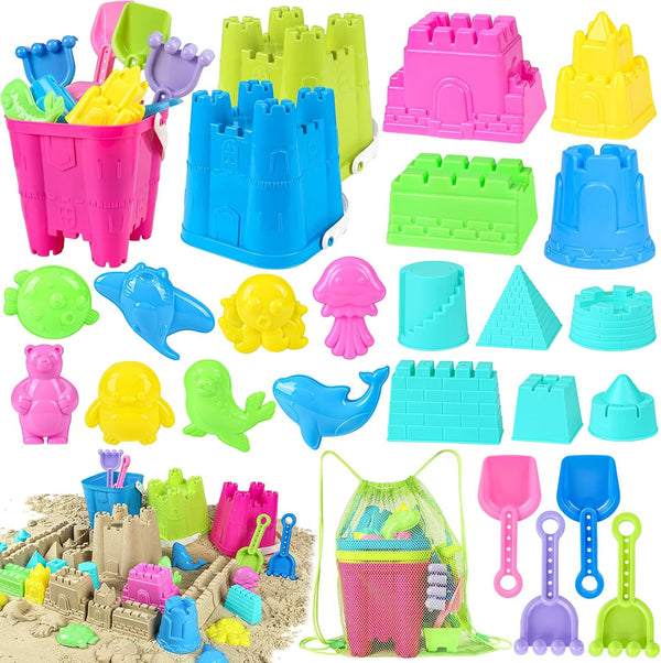 Beach Toys for Toddlers, Sand Castle Toys with 3 Buckets, 4 Shovels, Mesh Bag & Sand Molds for Kids Age 3-10