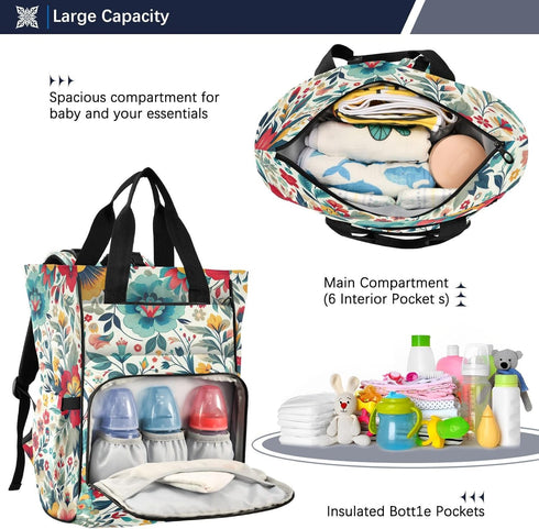 YANENDIE Backpack, Backpack Backpack Floral Theme Diaper Bag Unisex Travel Baby Diaper Bags with Stroller Straps