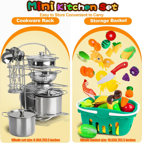 Hayuyuxo 95PCS Playset, Set Kids Pretend Play Kitchen Toys Accessories, Kids Kitchen Stainless Steel Cookware Pots
