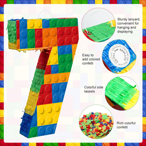 Number 7 Building Blocks Piñata, 16.5 Inch Party Supplies for 7th Birthday Decorations with Confetti Blocks Theme