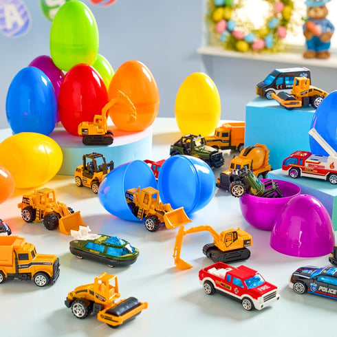 24 JOYIN Pcs Prefilled Easter Eggs with Cars, Vehicle Toys for Boys Kids Easter Party Favor Eggs Hunt/Basket Stuffers