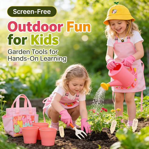 Set 3-8, Kids Gardening Outdoor Tools with Adorable Sun Protective Hat & Bunny Apron, Carrot-Shaped Shovel Rake Trowel