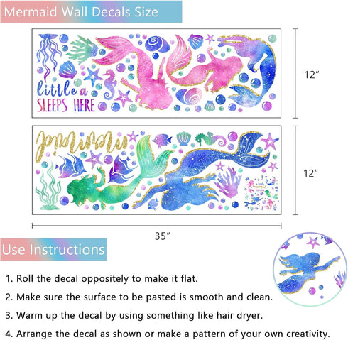 Yovkky Baby Girls Mermaid Wall Decals Stickers, Under The Sea Ocean Creatures Coastal Fish Bubble Glitter Nursery Kids