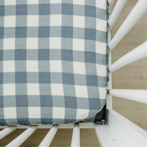Dusty Blue Gingham Muslin Crib Sheet by Mebie Baby, Soft and Breathable