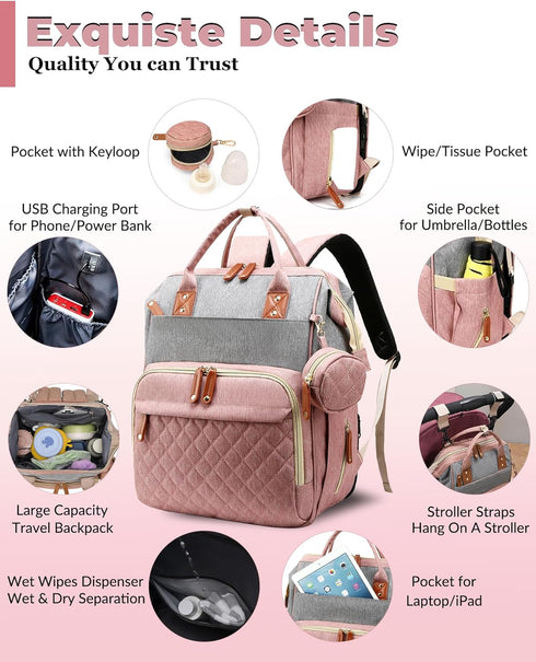 Backpack 18 Backpack Diaper Bag with Changing Station, Waterproof Large Capacity, Baby Bag for Mom & Dad, Pockets+USB