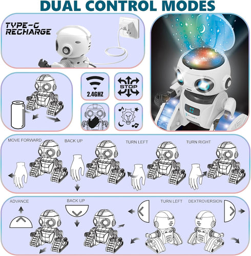 Aikmi 5-7, 6 Robot Toys for Kids Rechargeable Remote Control Robot with Projector Night Light for Kids, Gesture Sensor