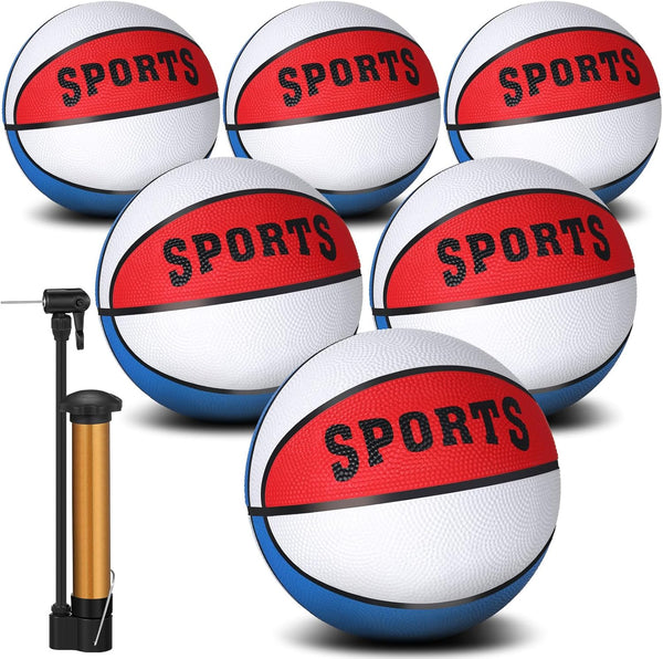 6 Pack Mini Basketball with Pump, 7 Inch Size Inflatable Toy Basketball, Red White and Blue for Teens and Beginners