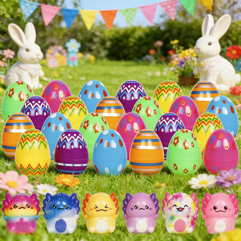 24 Pack Squishy Toys Prefilled in Easter Eggs for Kids - Axolotl Stress Relief Fidget Toys, Easter Basket Stuffers