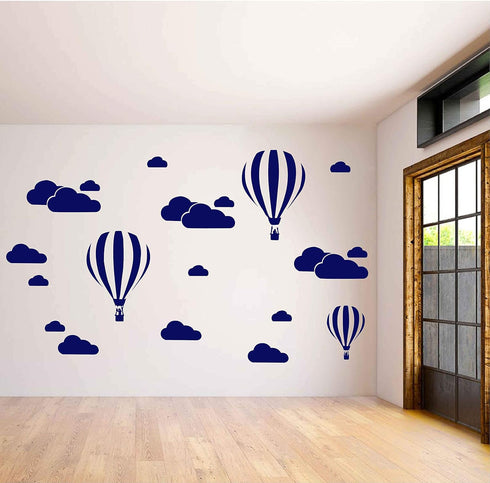Giant Removable Vinyl 3D Hot Air Balloons with Clouds Wall Decals for Kids Bedroom Decor (White, Navy Blue)