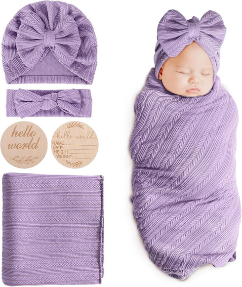 BQUBO Baby Swaddle Blankets for Girls, 4PCS Newborn Accessories Set with Matching Hat and Bow Headband