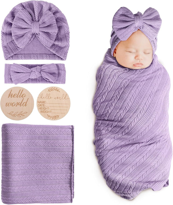 BQUBO Baby Swaddle Blankets for Girls, 4PCS Newborn Accessories Set with Matching Hat and Bow Headband