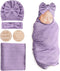 BQUBO Baby Swaddle Blankets for Girls, 4PCS Newborn Accessories Set with Matching Hat and Bow Headband