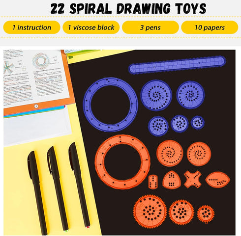 Chivao Spiral Art Gear Geometric Ruler Spiral Circle Template for Drawing Plastic Template Ruler Drawing Toys Spiral Curve Stencils with Pens Paper for Drawing DIY Art Crafts Sketch (Elegant)