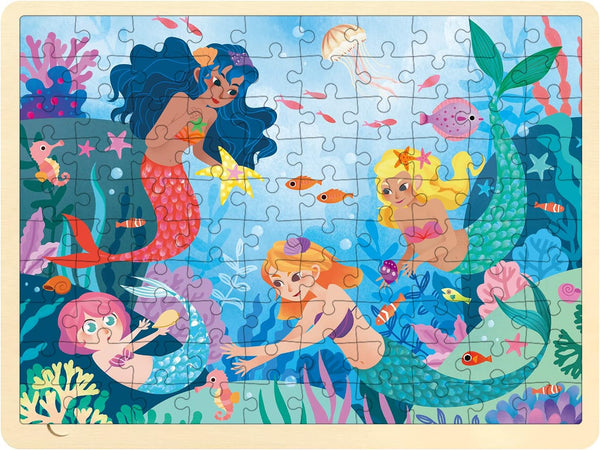 100 Piece Puzzles for Kids Ages 4-8, Unique Wooden Jigsaw Toddler Puzzles with Storage Tray Fun Mermaid