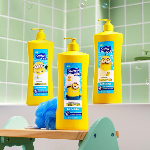 3-In-1 28 oz(Pack 4) Suave Kids Minions Shampoo, Conditioner, and Body Wash, For Tear-Free and Gentle Cleansing