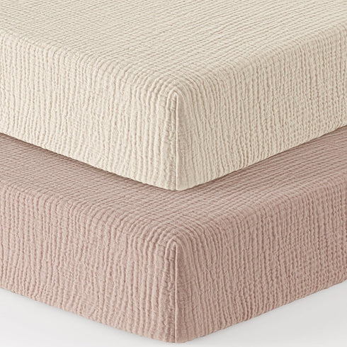 100% 52"x28" 2 Pack Bearmoss Muslin Crib Sheets Cotton Baby Crib Sheets Fitted for Standard Crib Mattress & Toddler Bed