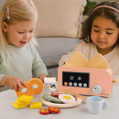 18-Piece Playset, 3+ Pillowhale Bagel & Toast Pop-Up Toaster Wooden Breakfast Montessori Kitchen Toy Includes Bagels