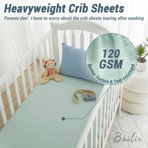 2PCS 52"x28" 100% Bailix Heavyweight Muslin Baby Crib Sheets - Neutral Fitted Crib Sheets for Boys Girls, Breathable
