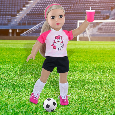 18INDC 18 Inch Set 7PCS Doll Accessories Football Sport - Includes Headband, Tops, Shorts, Shoes, Mini Soccer Ball