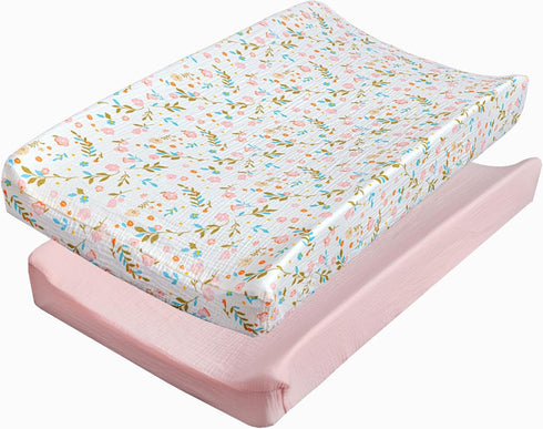 MY LITTLE ZONE Baby Changing Pad Covers Girl, 2-Pack Changing Table Sheets, Cotton Muslin Changing