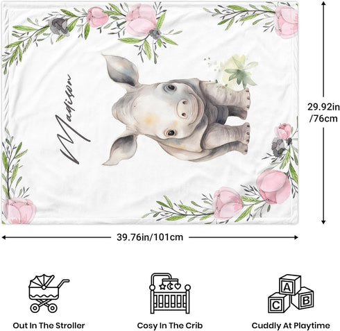 Novusopt Personalized Baby Rhinoceros Floral Blanket with Name for Newborn Toddler Girl, Soft Plush Nursery Receiving
