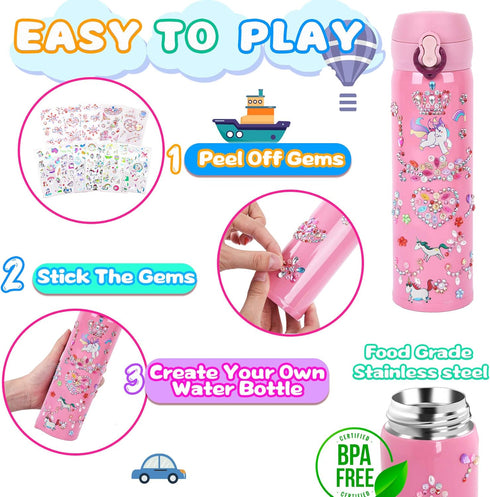 YOFUN Decorate Your Own Water Bottle, 11 Sheets of Unicorn Stickers & Glitter Gems, Craft Kit for Children, Pink