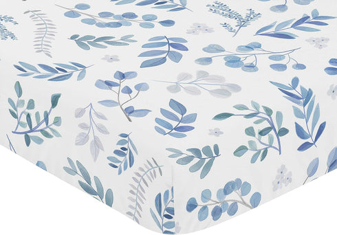 Sweet Jojo Designs Floral Leaf Fitted Crib Sheet for Baby or Toddler Bed, Blue Grey and White Boho Watercolor