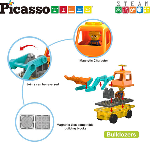 2-in-1 Playset 3+ PTU04 PicassoTiles Magnet Tiles Building Block Excavator & Backhoe Brick Compatible Construction