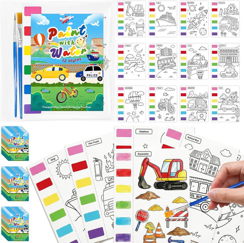 Zoyeven 192 Pcs Mess Free Painting Transportation Watercolor Coloring Books Vehicle Party Favors
