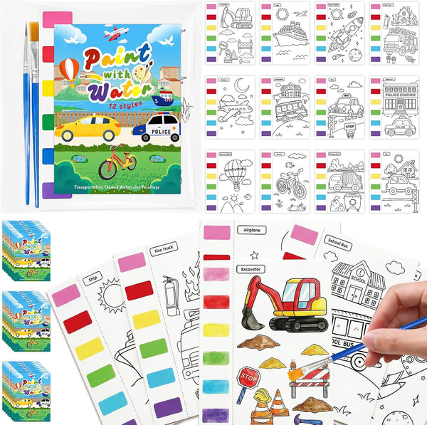 Zoyeven 192 Pcs Mess Free Painting Transportation Watercolor Coloring Books Vehicle Party Favors