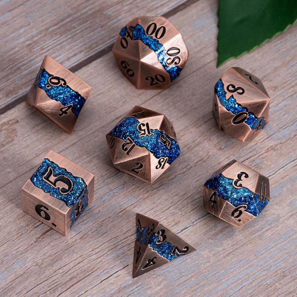 Metal DND Polyhedral Dice - Large Stripe Glitter Metallic 7pcs Set for Role Playing Games
