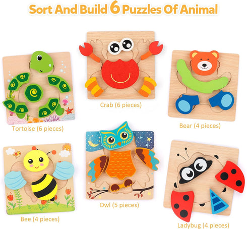 Coogam Wooden Jigsaw Puzzle Set, 6 Pack Animal Shape Montessori Toy for Early Learning Gift Game