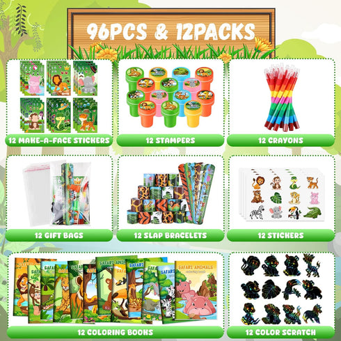 96Pcs Set BenLouis Jungle Safari Party Favors Zoo Animals Coloring Books Crayons Sticker Stampers Slap Bracelets Bulk