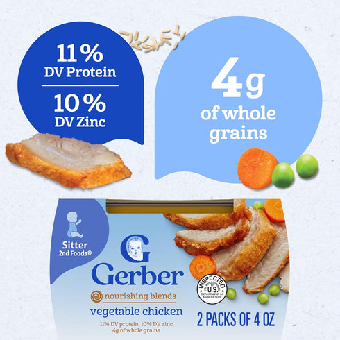2nd 4 2-Pack (Pack 8) Gerber Baby Food Foods, Dinner, Vegetable & Chicken Puree, Ounce Tubs